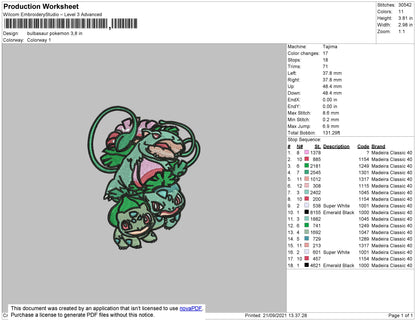 Bulbasaur Embroidery Machine Design File 4 size