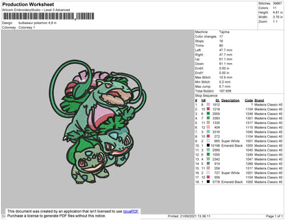 Bulbasaur Embroidery Machine Design File 4 size