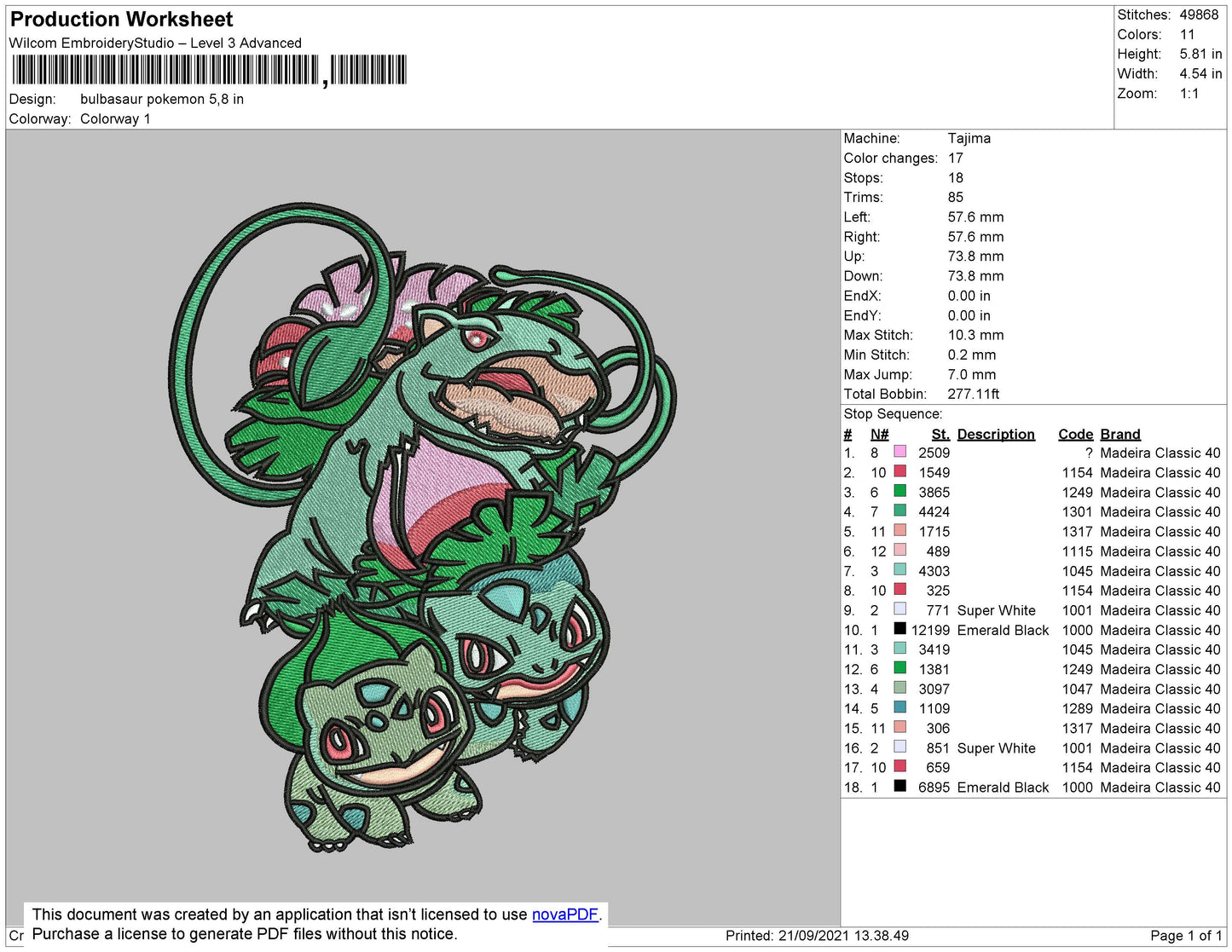Bulbasaur Embroidery Machine Design File 4 size