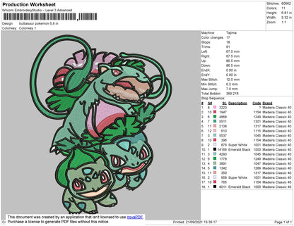 Bulbasaur Embroidery Machine Design File 4 size