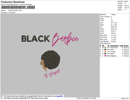 Black Barbie Embroidery File 6 size