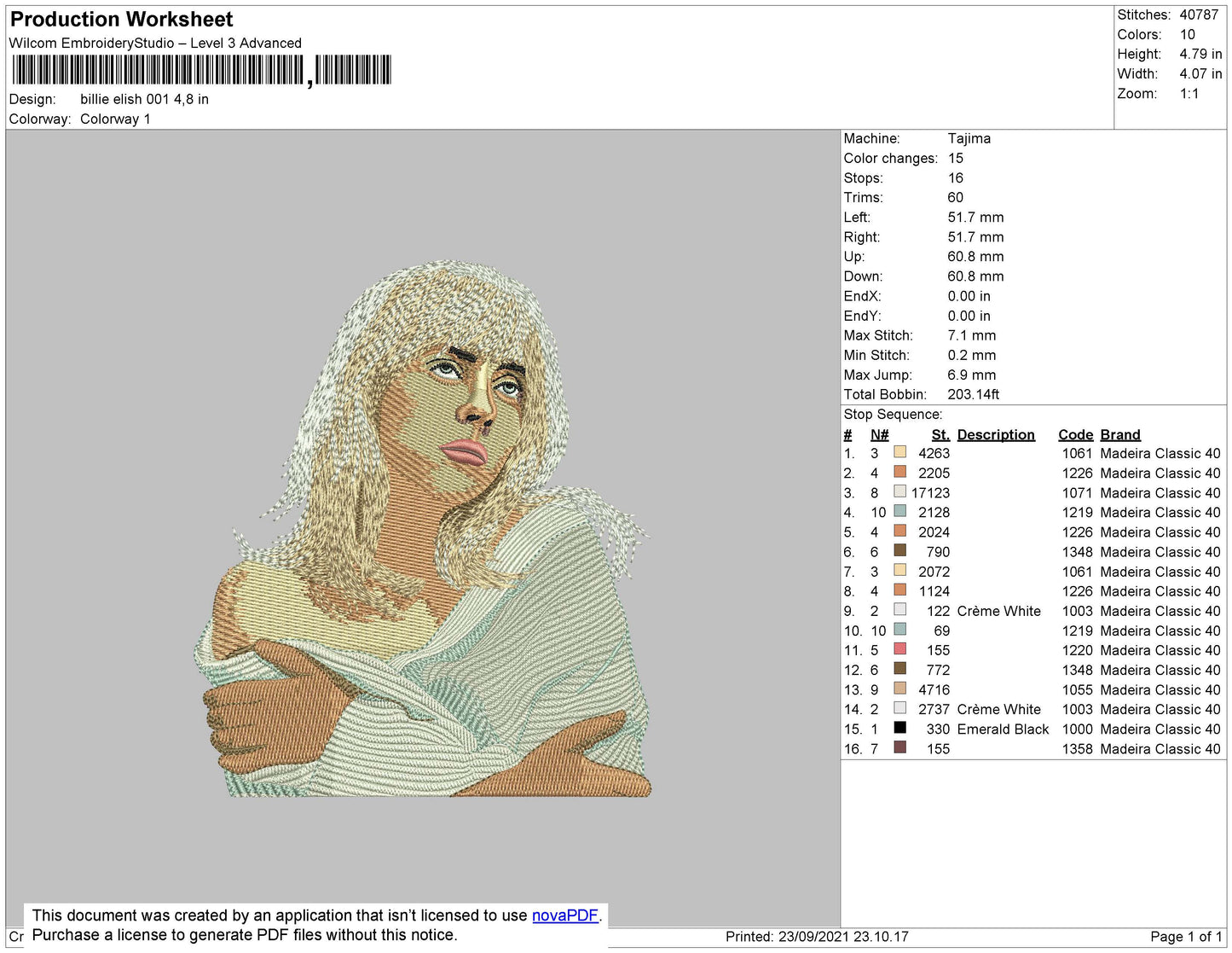 Billie Elilish 001 Embroidery File 4 size