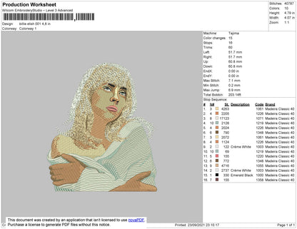 Billie Elilish 001 Embroidery File 4 size
