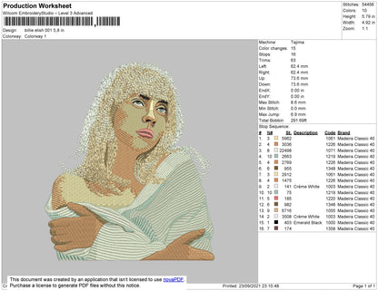 Billie Elilish 001 Embroidery File 4 size
