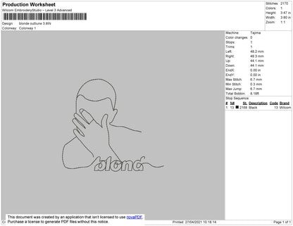 Blond Just Ouline Embroidery Machine Design File 4 size