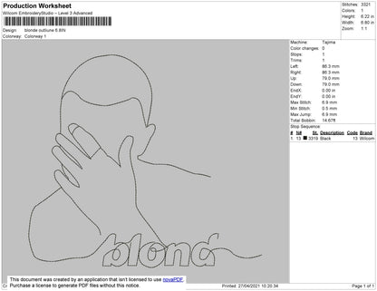 Blond Just Ouline Embroidery Machine Design File 4 size