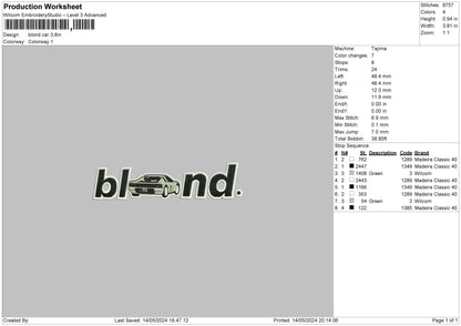 Blondcar Embroidery File 6 sizes