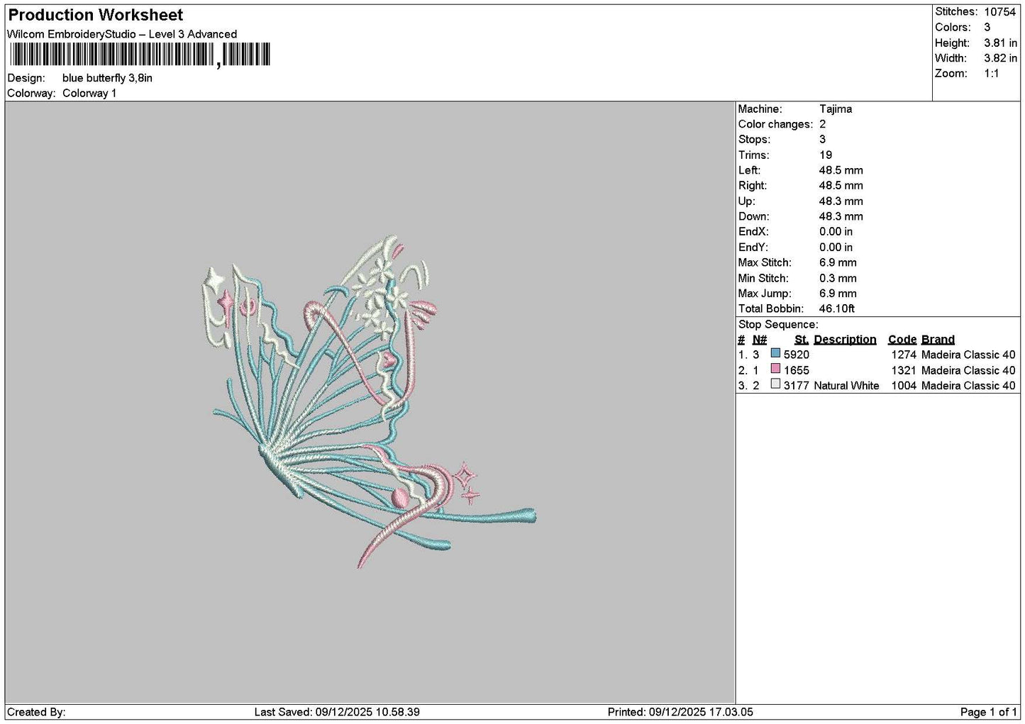 Blue Butterfly Embroidery File 6 sizes