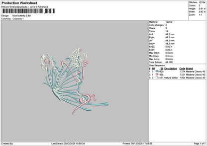 Blue Butterfly Embroidery File 6 sizes