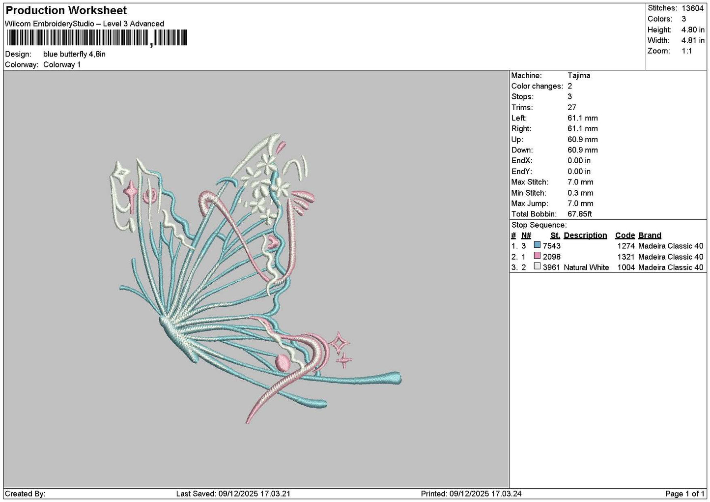 Blue Butterfly Embroidery File 6 sizes