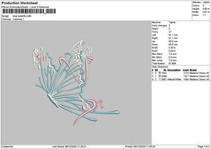 Blue Butterfly Embroidery File 6 sizes