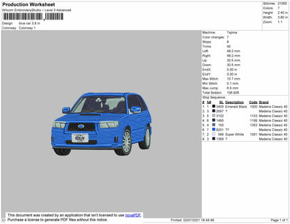 Blue Car V5 Embroidery Design File