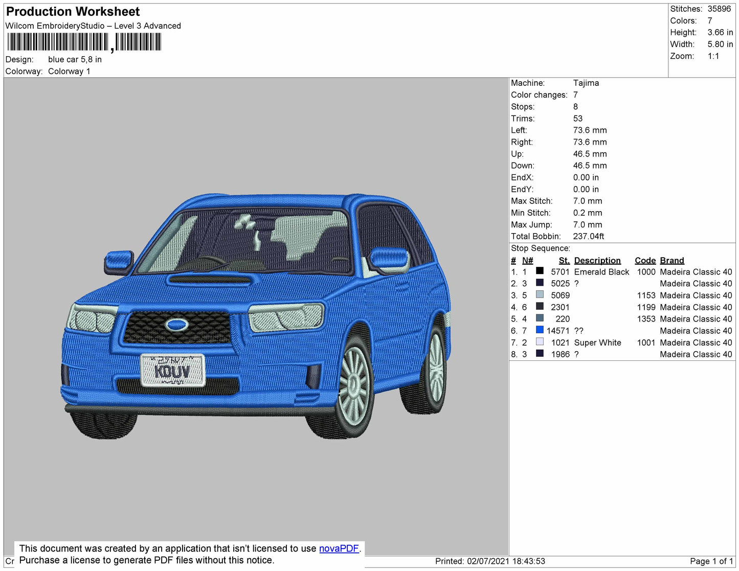 Blue Car V5 Embroidery Design File