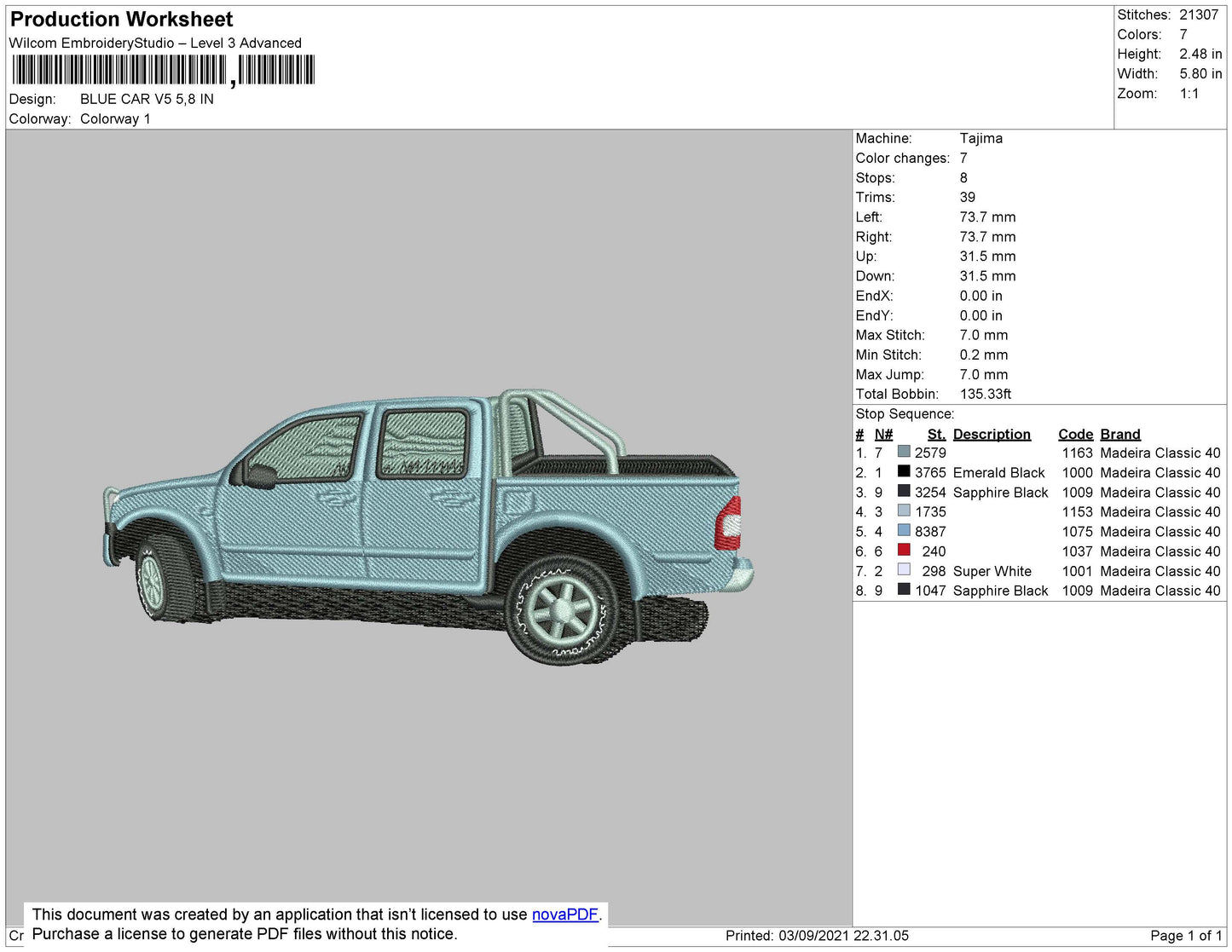 Blue Car Embroidery File 4 size