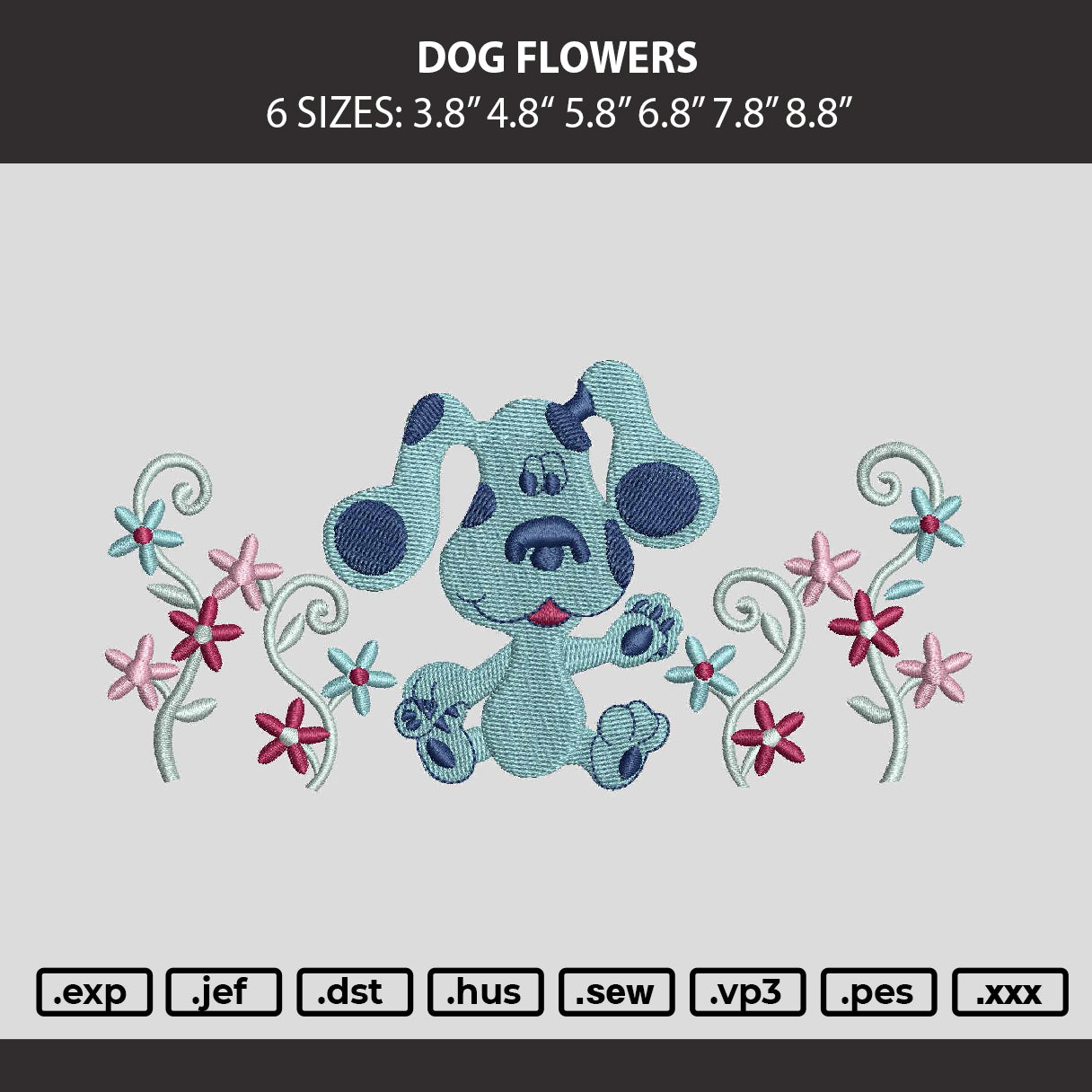 Dog Flowers Embroidery Machine Design File 6 sizes