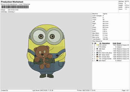 Minion Bear Embroidery Machine Design File 6 sizes