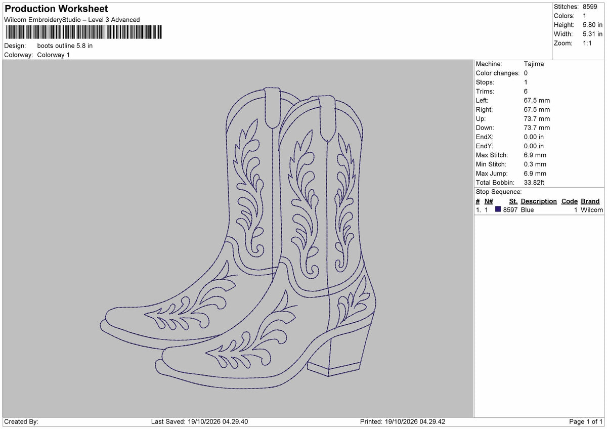 Boots Outline Embroidery Machine Design File 6 sizes