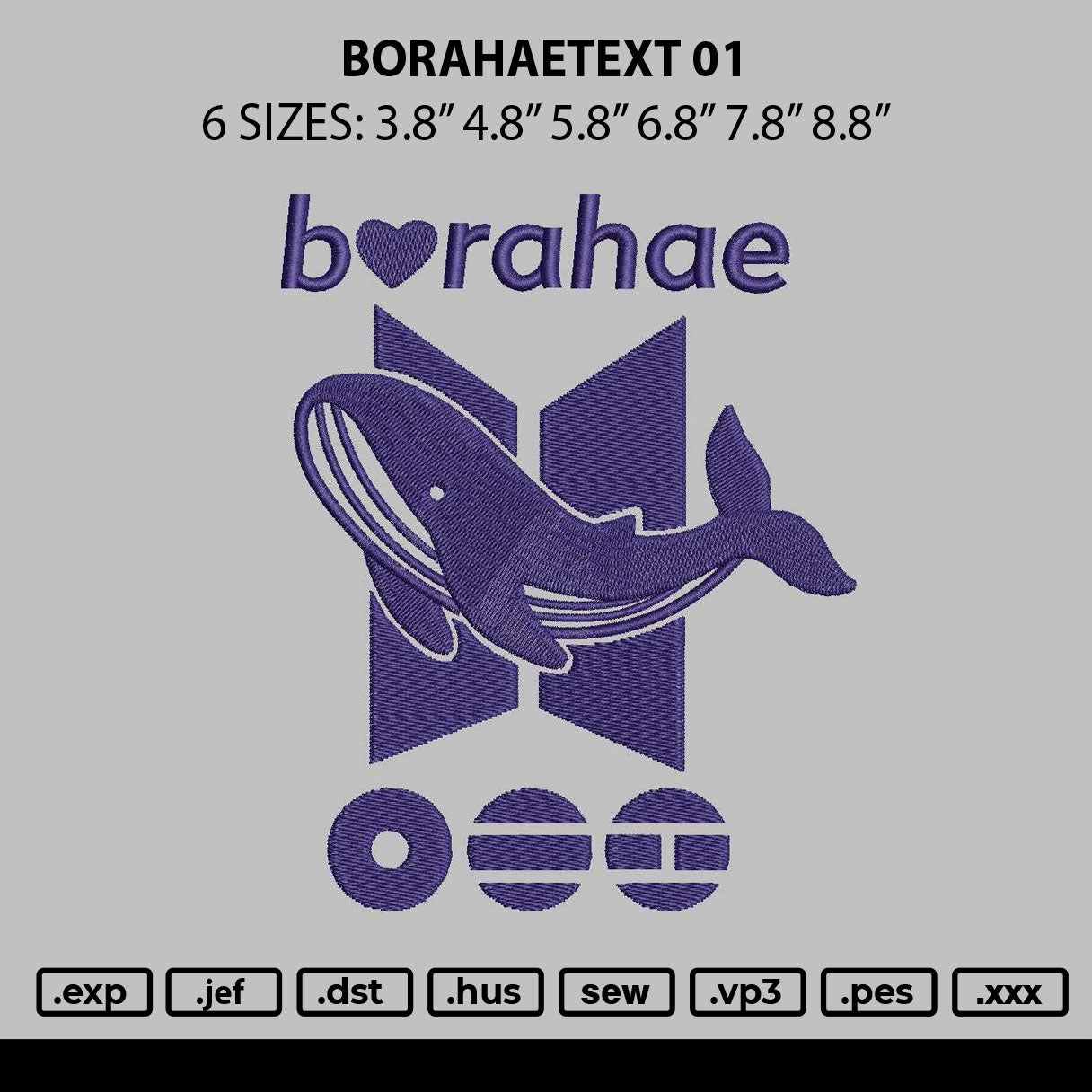 Borahaetext 01 Embroidery File 6 sizes