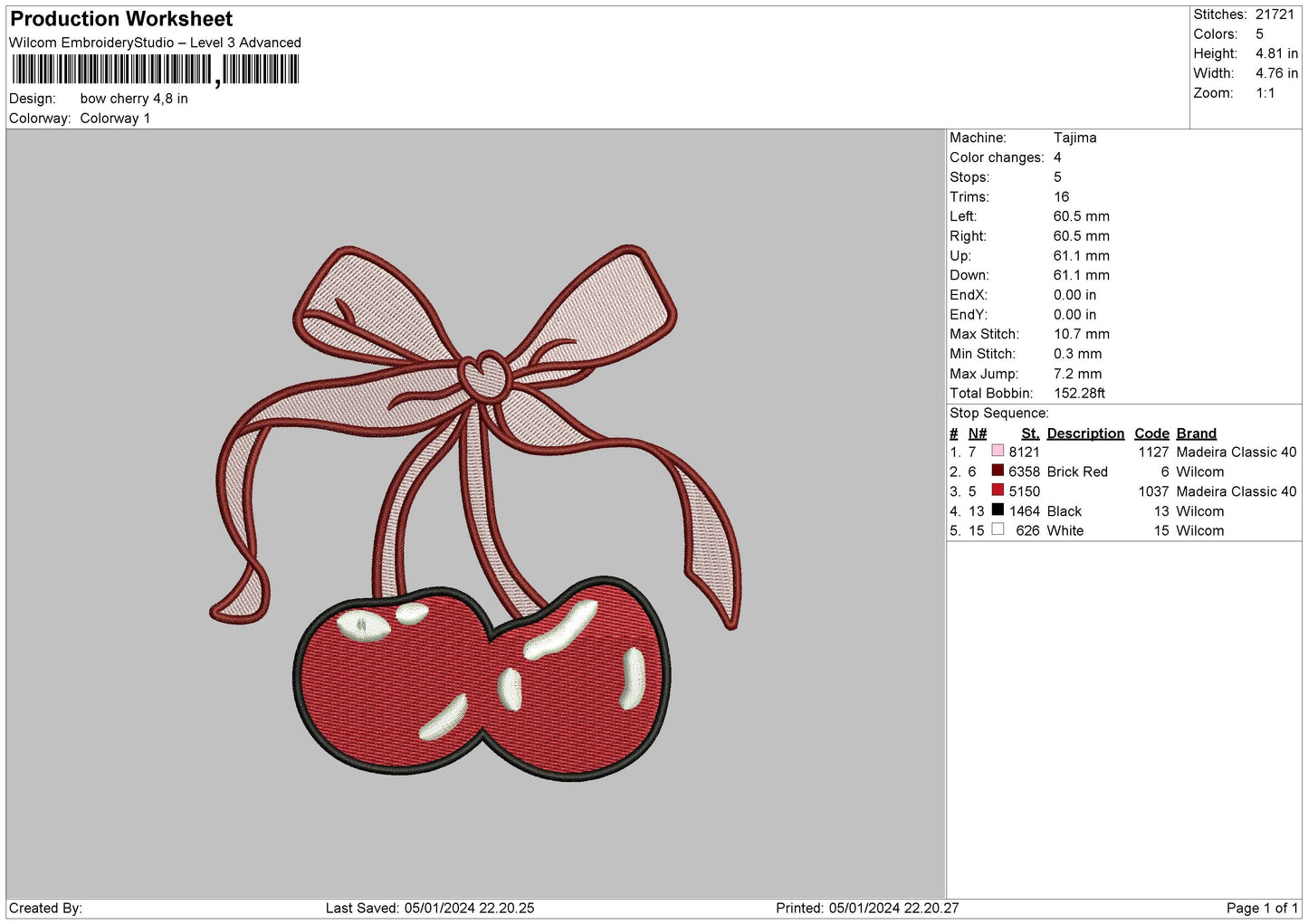 Bow Cherry Embroidery File 6 sizes