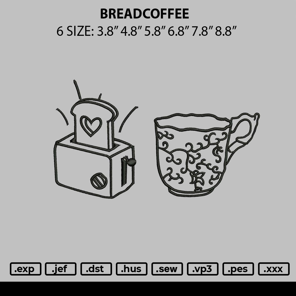 Breadcoffee Embroidery Machine Design File 6 sizes