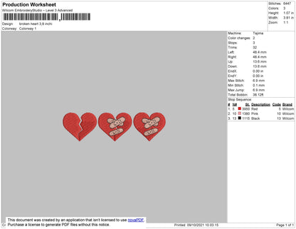 Broken Hearts Embroidery machine design File 4 size