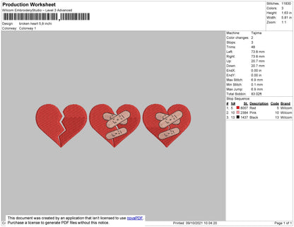 Broken Hearts Embroidery machine design File 4 size