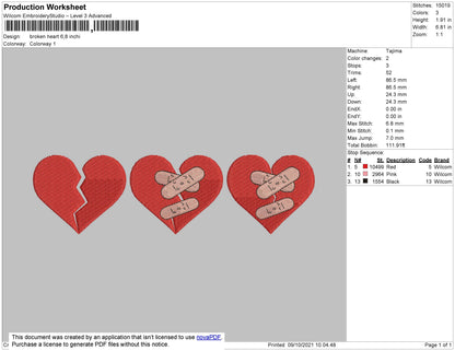 Broken Hearts Embroidery machine design File 4 size