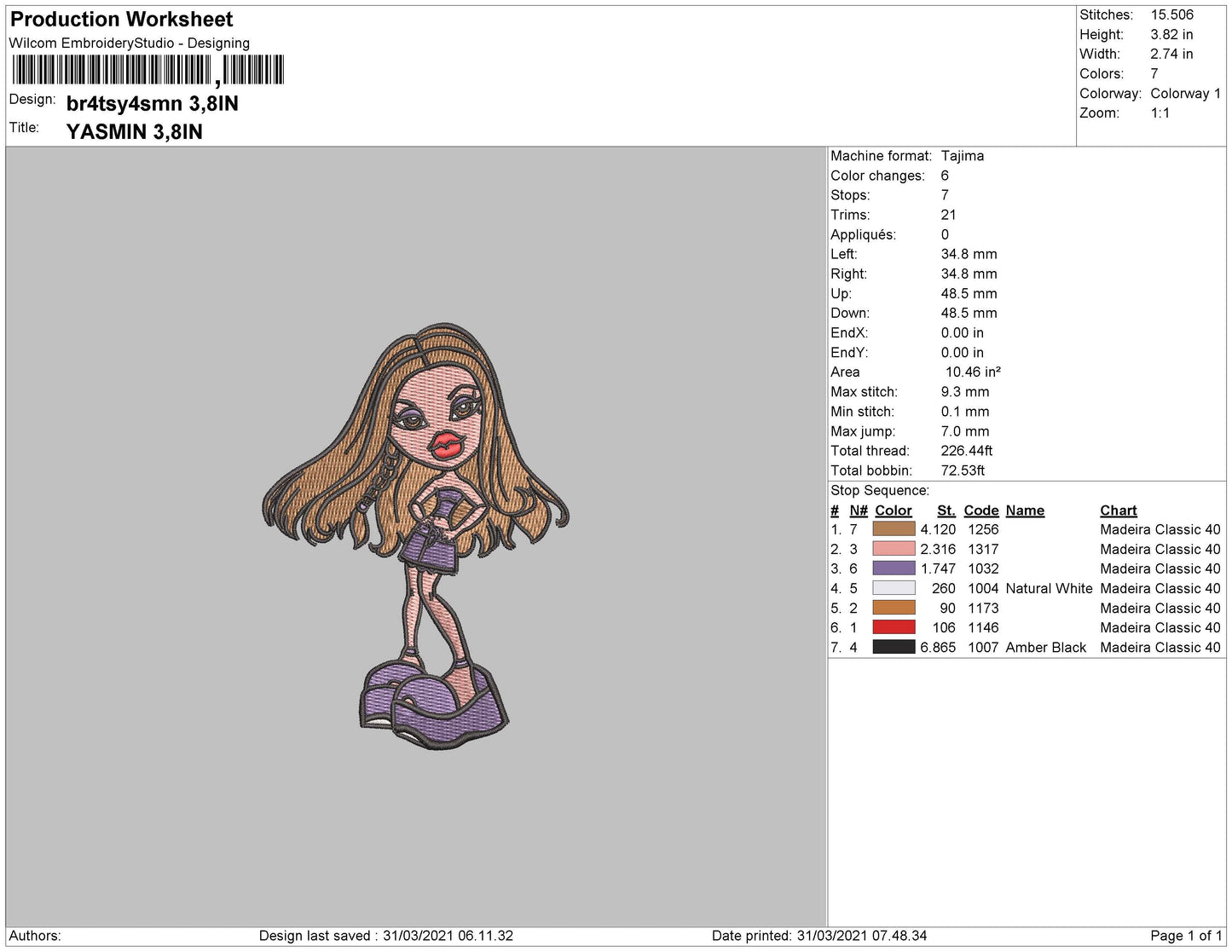 Bratz Yasmin Embroidery Machine Design File 4 size