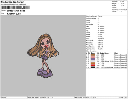 Bratz Yasmin Embroidery Machine Design File 4 size
