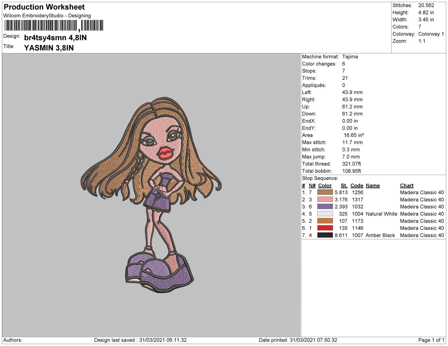 Bratz Yasmin Embroidery Machine Design File 4 size