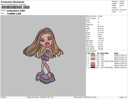 Bratz Yasmin Embroidery Machine Design File 4 size