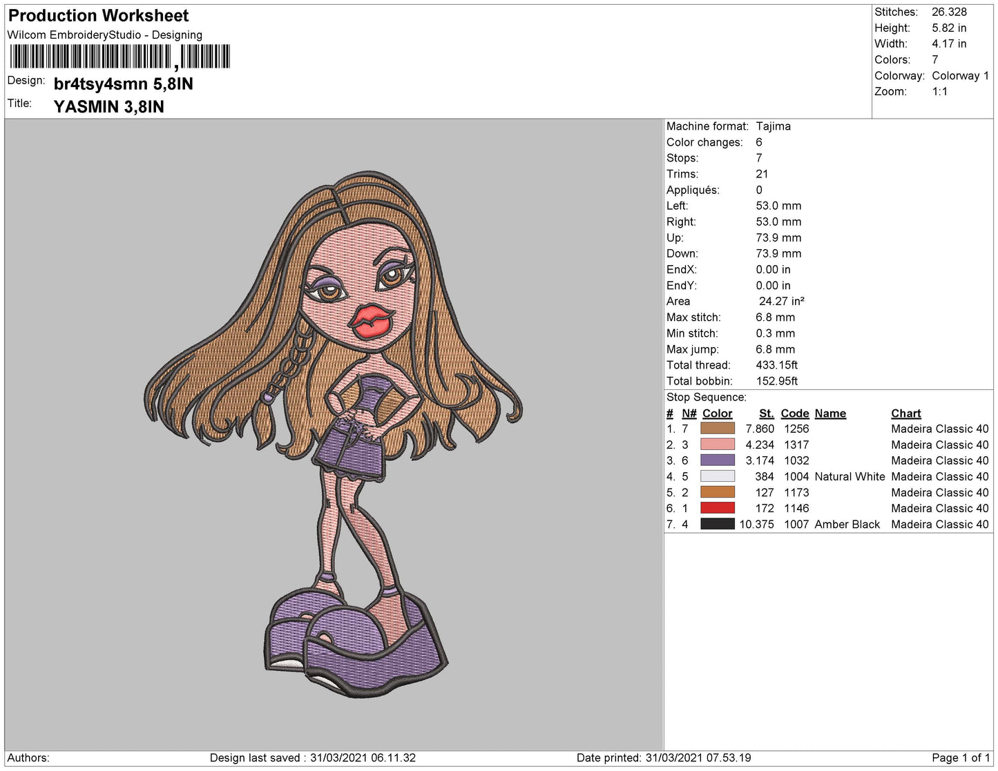 Bratz Yasmin Embroidery Machine Design File 4 size