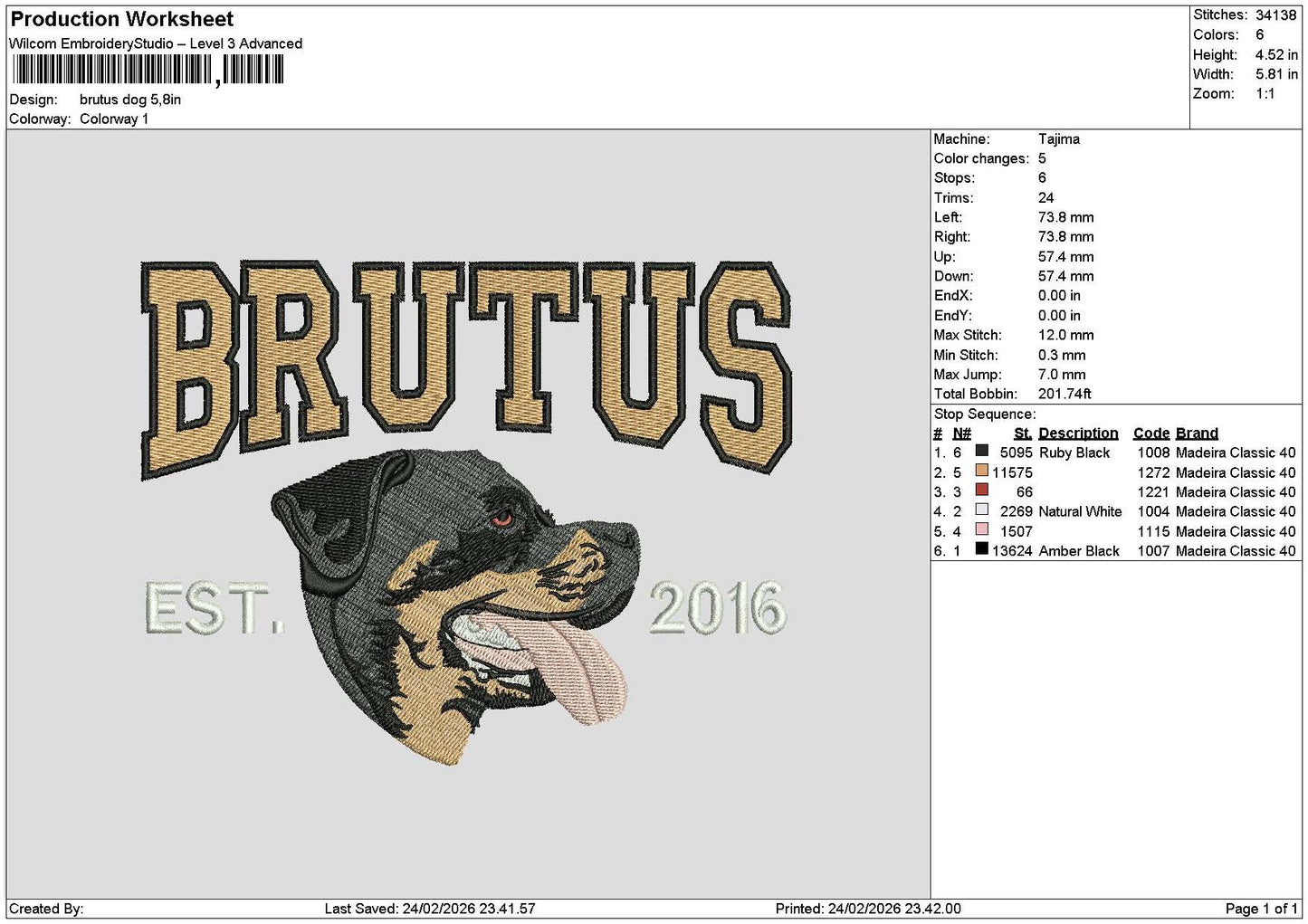Brutus Dog Embroidery File 6 sizes