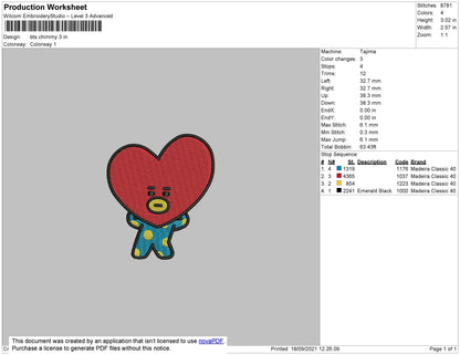 Bts Chimmy Embroidery Machine Design File 4 size