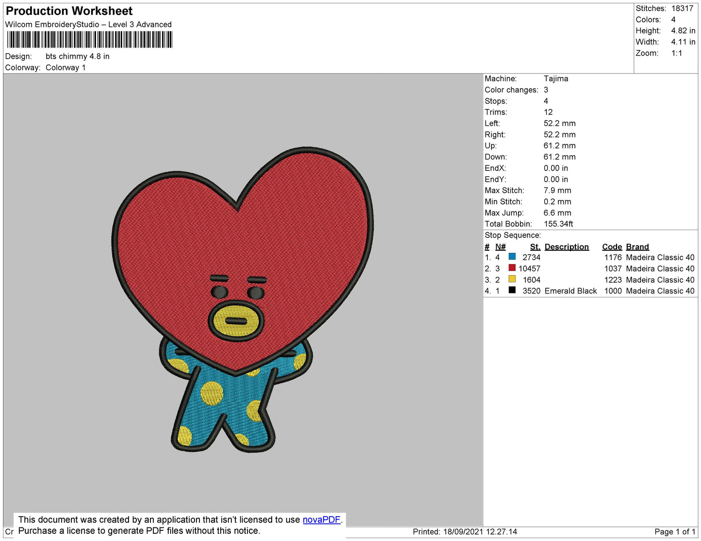 Bts Chimmy Embroidery Machine Design File 4 size