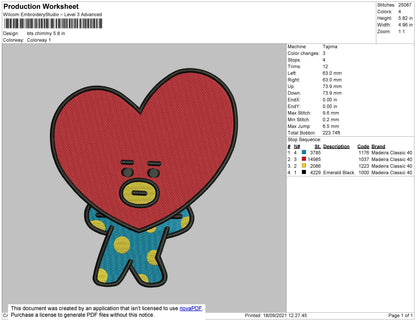 Bts Chimmy Embroidery Machine Design File 4 size