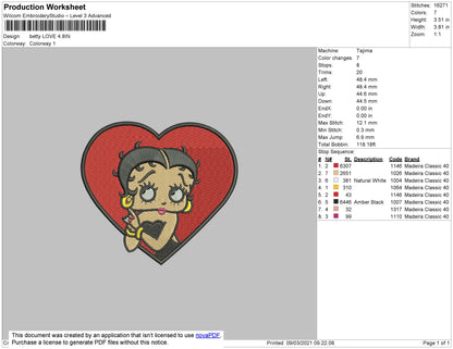 Betty Boop Love Embroidery File 3 size