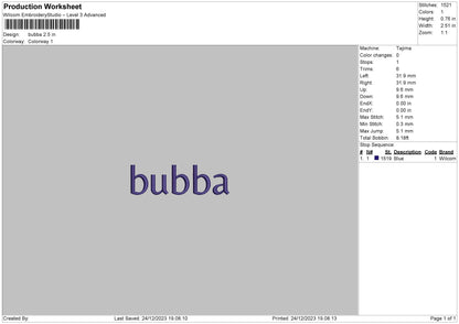 Bubba Text Embroidery Machine Design File 6 sizes