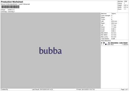 Bubba Text Embroidery Machine Design File 6 sizes