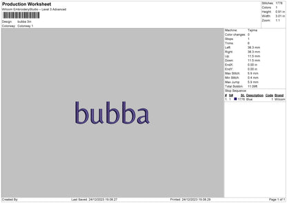 Bubba Text Embroidery Machine Design File 6 sizes
