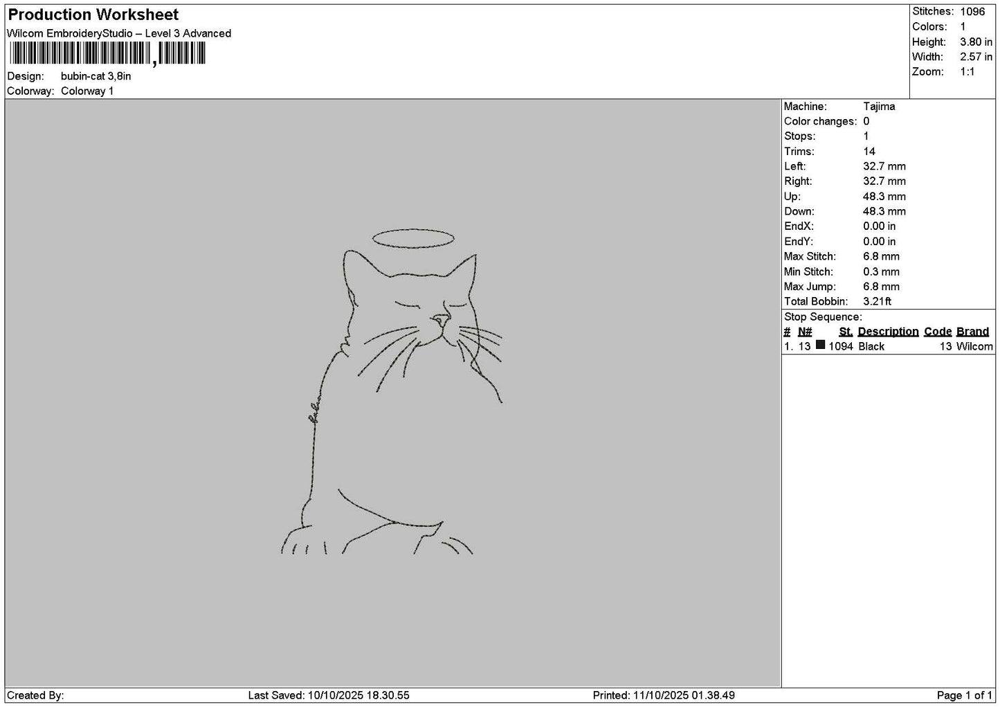 Cat Outline 1110 Embroidery File 6 sizes