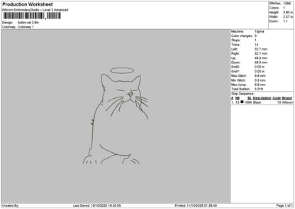 Cat Outline 1110 Embroidery File 6 sizes