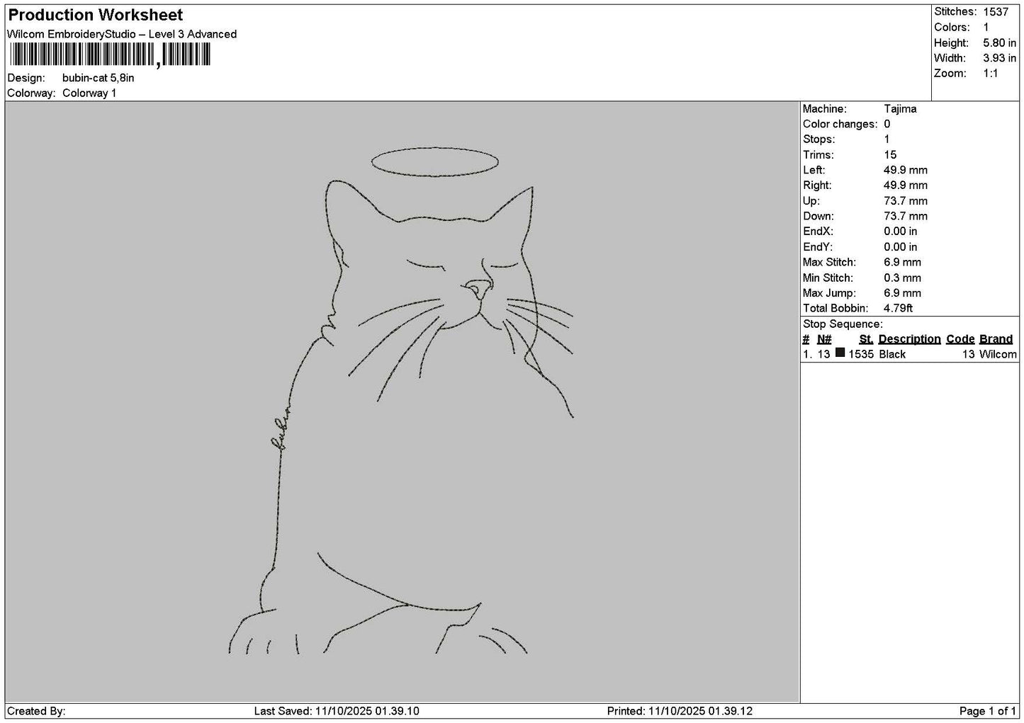 Cat Outline 1110 Embroidery File 6 sizes