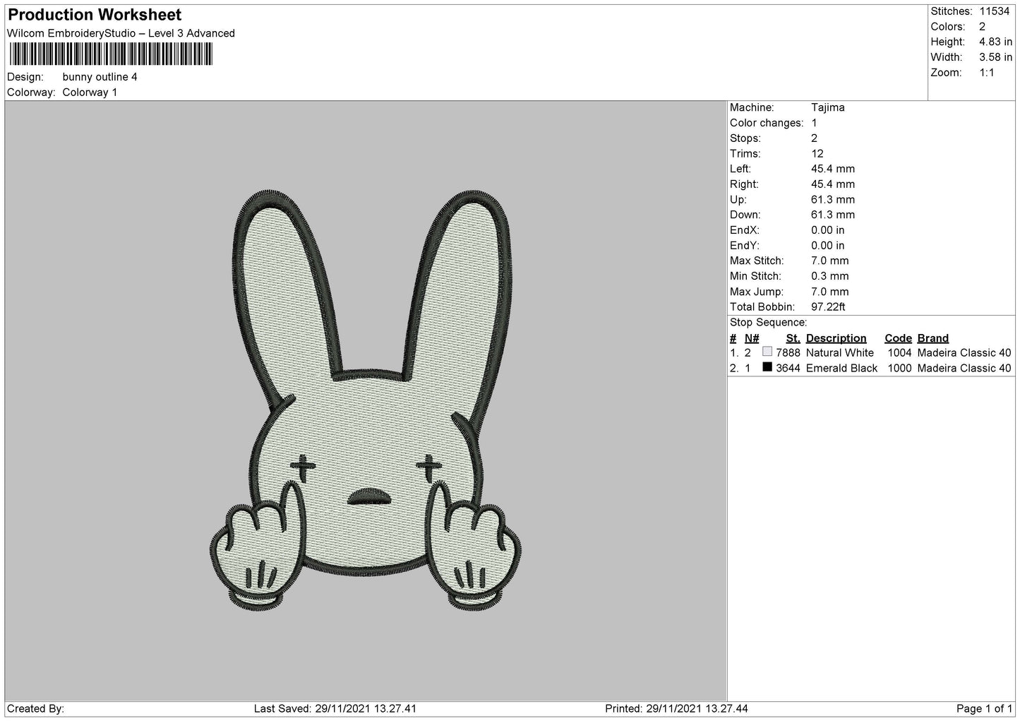 Bad Bunny Outline Embroidery Design File 4 size