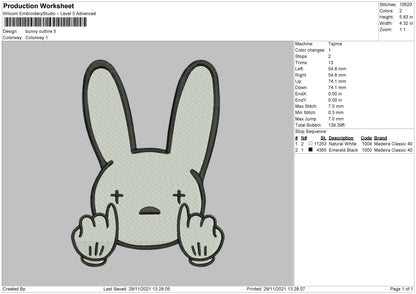 Bad Bunny Outline Embroidery Design File 4 size