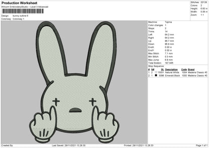 Bad Bunny Outline Embroidery Design File 4 size