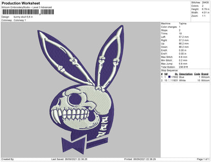 Bunny Skull Embroidery Machine Design File 4 size