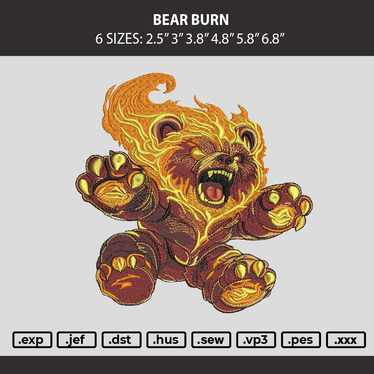 Bear Burn Embroidery Machine Design File 6 sizes