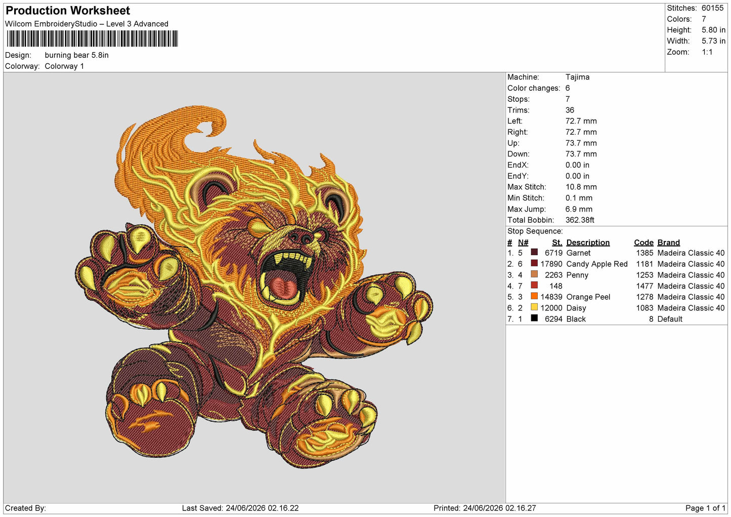 Bear Burn Embroidery Machine Design File 6 sizes