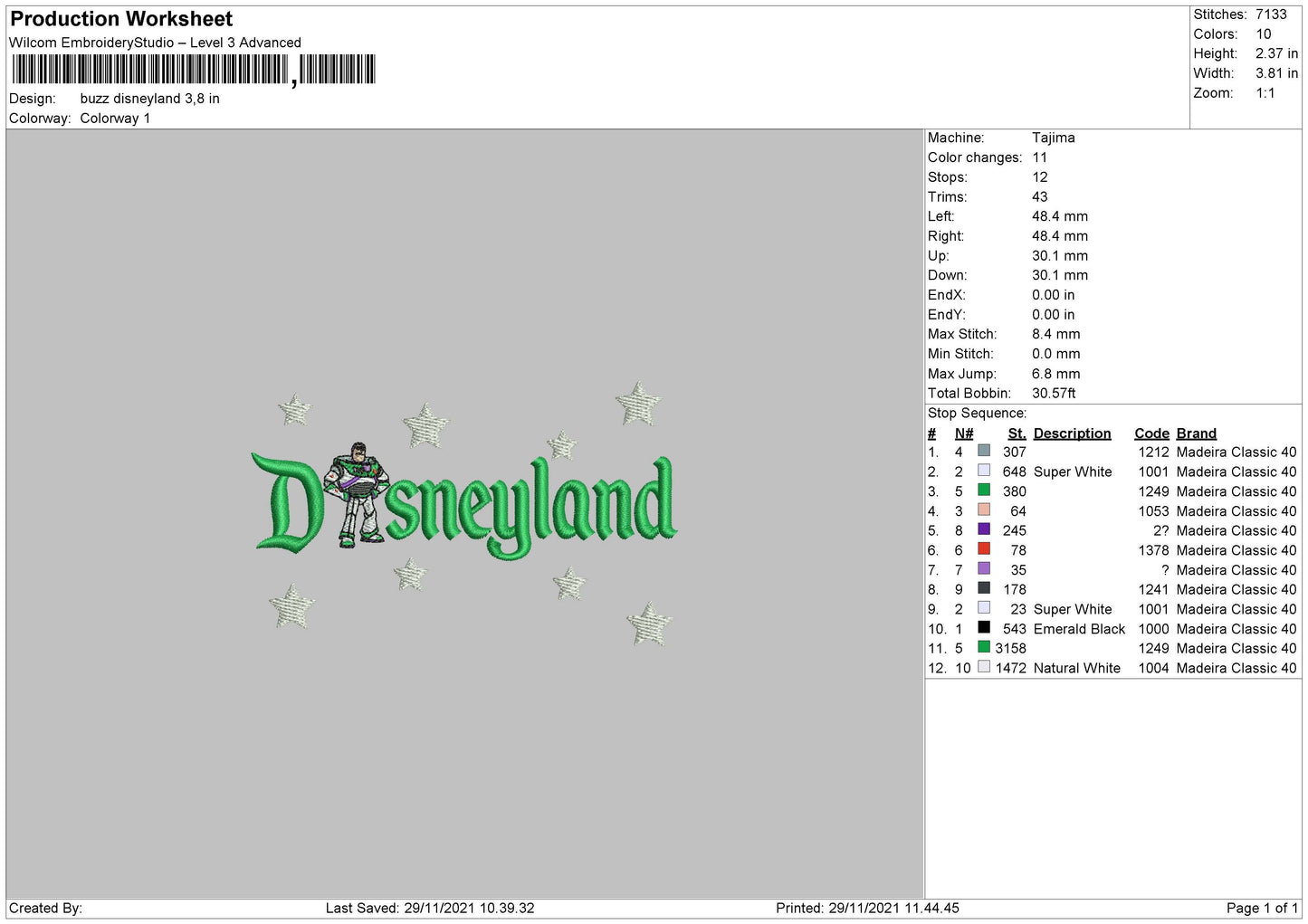 Buzz Disneyland Embroidery Machine Design File 6 size